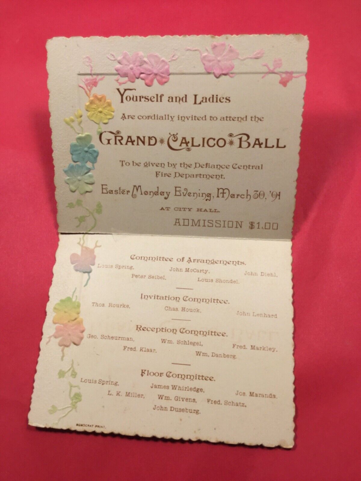1890’s Victorian Dance Ball Invitation Card 1894 Antique Ephemera Defiance Print