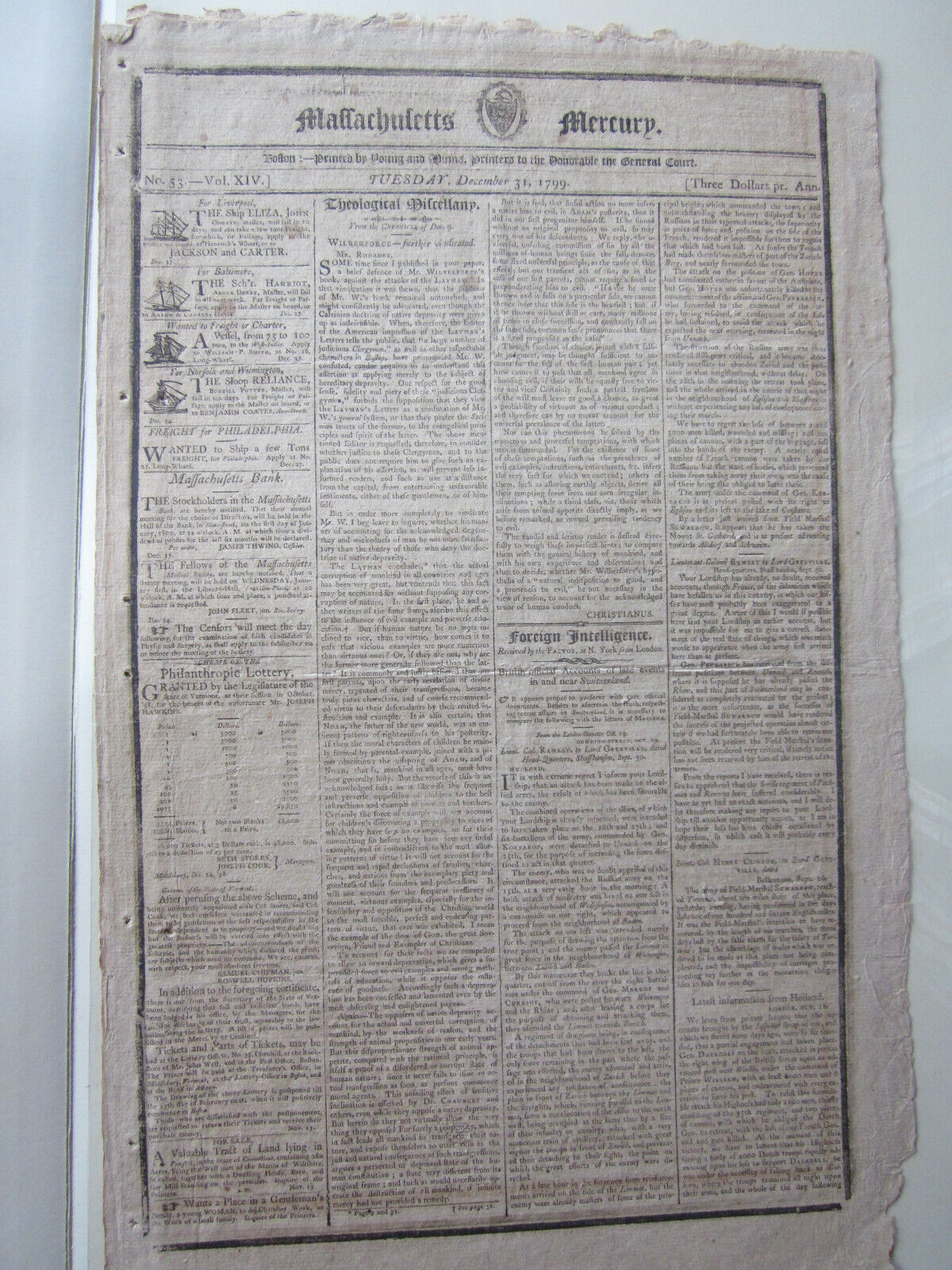 George Washington Death newspaper.   Mass. Mercury December 31, 1799.  Rare