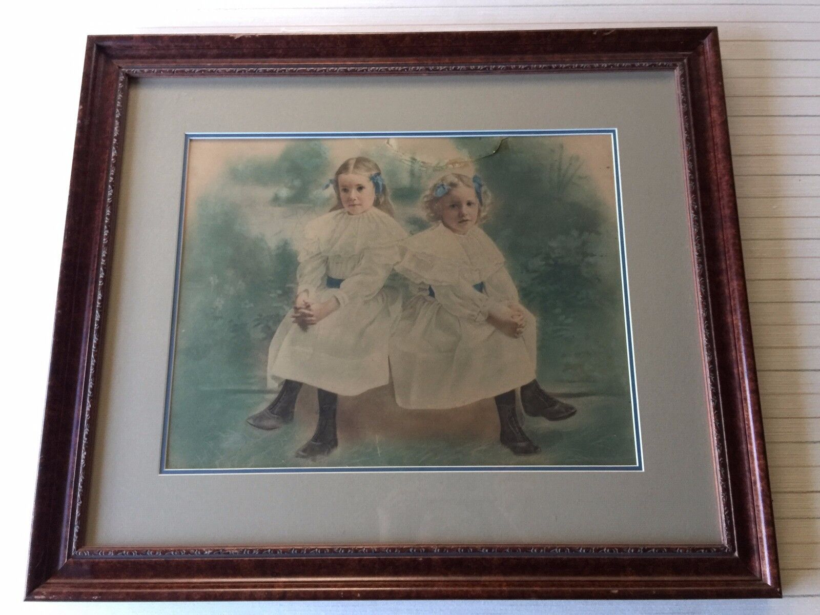 Antique 2 Girls Sitting on a Bench Photo Print, Framed, 19\