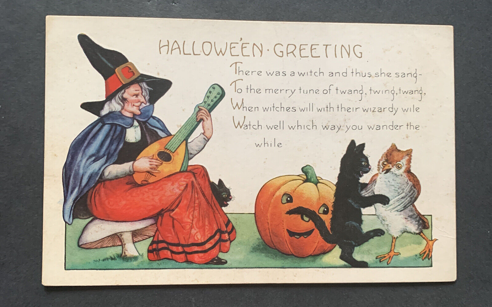 Vintage Whitney Halloween Postcard Witch with Dancing Owl & Cat NEVER USED