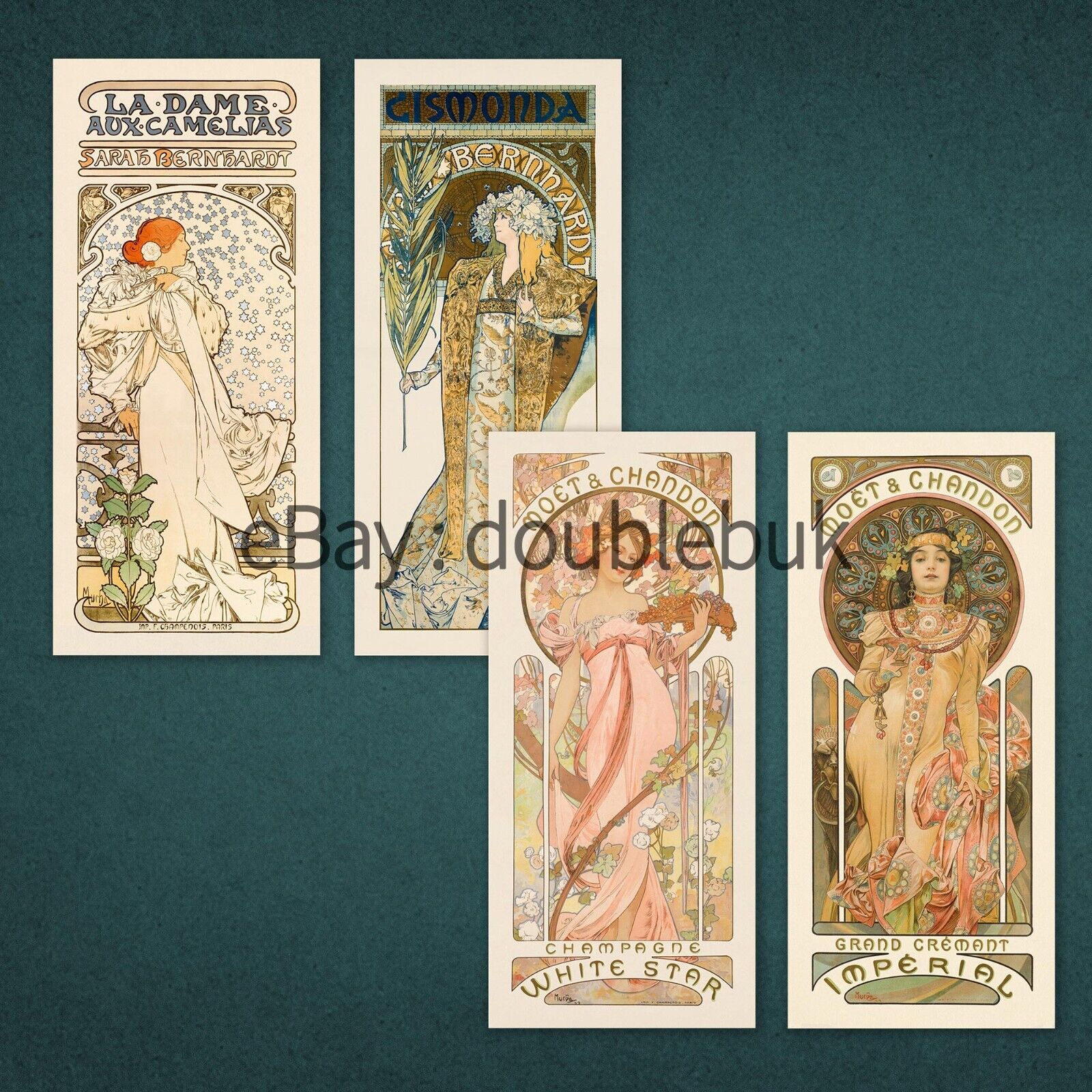 Set of 4 Postcards, Alfons Maria Mucha, Alphonse Mucha, illustration Art Nouveau