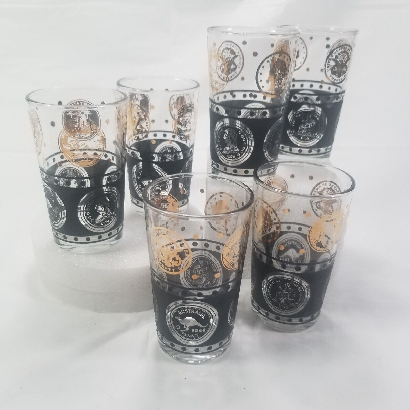 Cera MCM Coin Tumbler Cocktail Drinking Glass Barware Set of 6 Black & Gold VTG