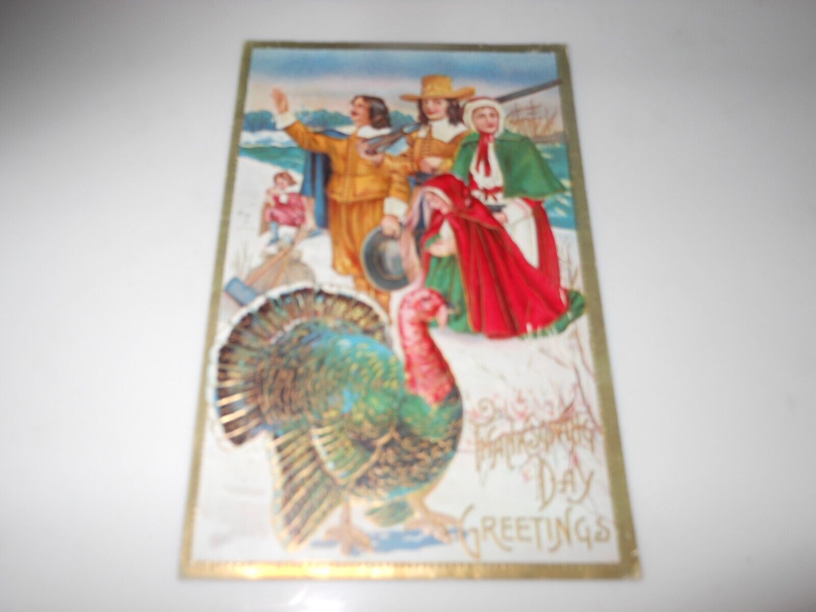 1909 Thanksgiving Day Greetings Post Card - Posted w/Pilgrims, Snow & Turkey