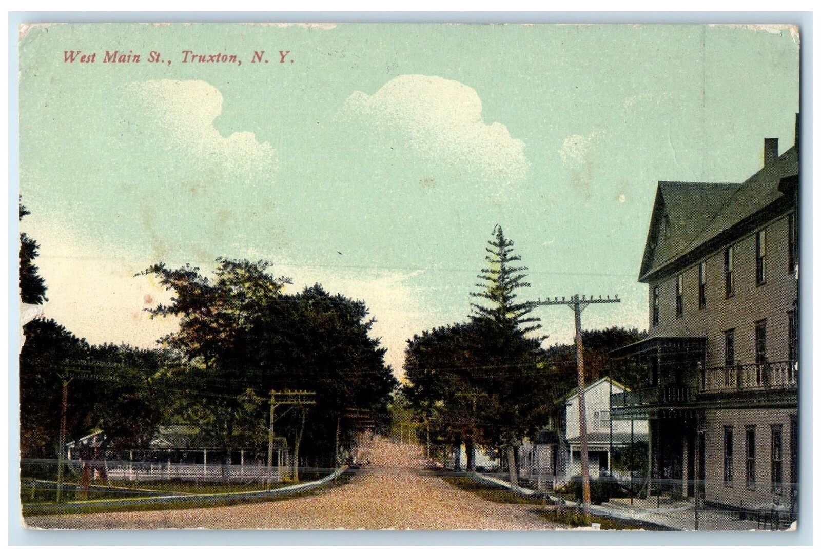 c1910's West Main Street Dirt Road Buildings Trees Truxton New York NY Postcard
