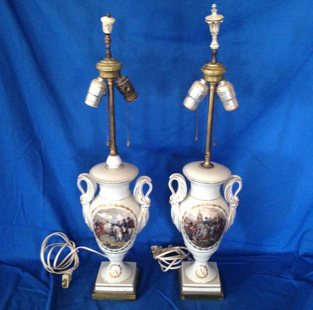 Pair Porcelain Napoleonic Lamps Napoleon Battlefield Scenes