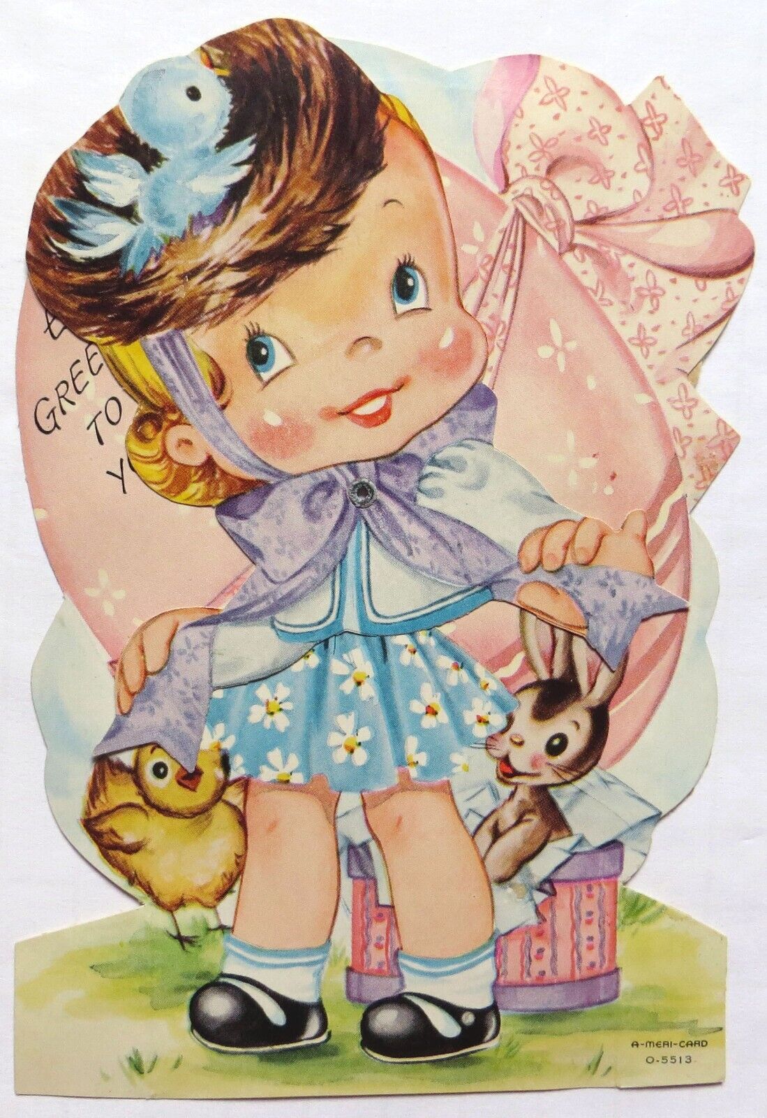 Vtg Mechanical Die Cut Easter Card-CUTE GIRL IN NEST HAT-Bunny,Chic,Egg