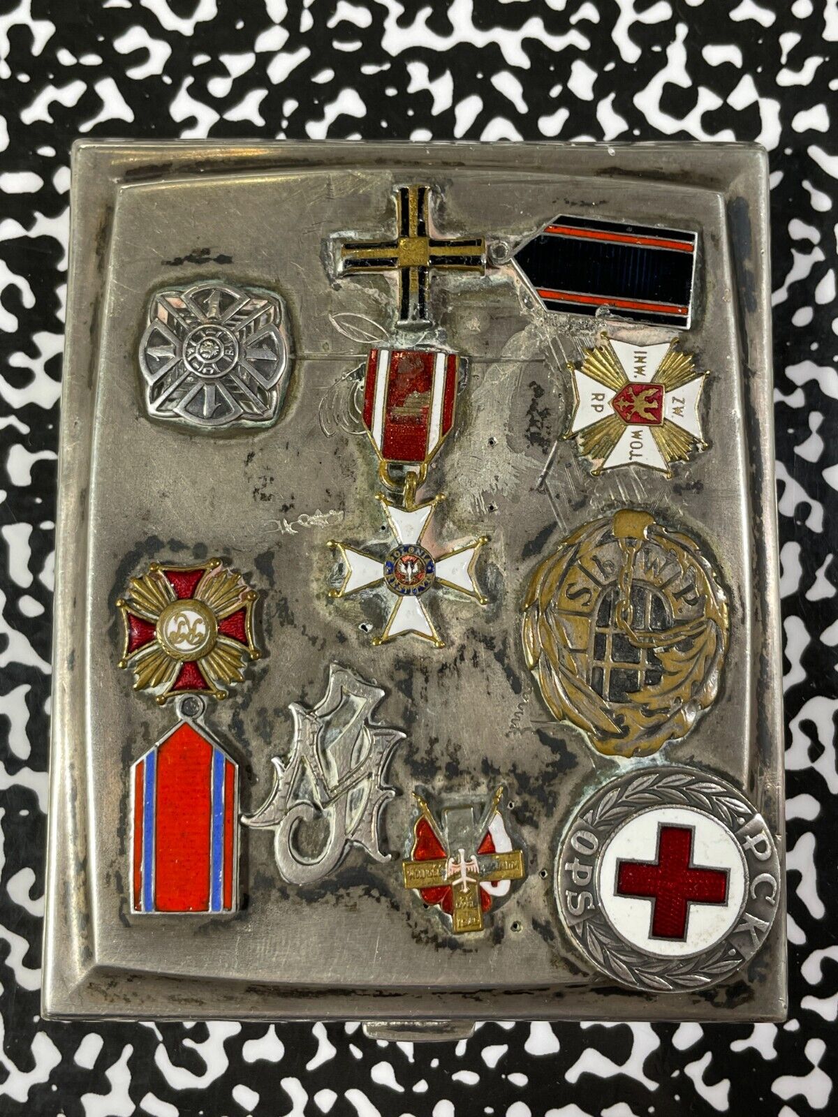 Vintage Poland WWII Soldier's Cigarette Case With Pins Lot#B1441 85x104mm