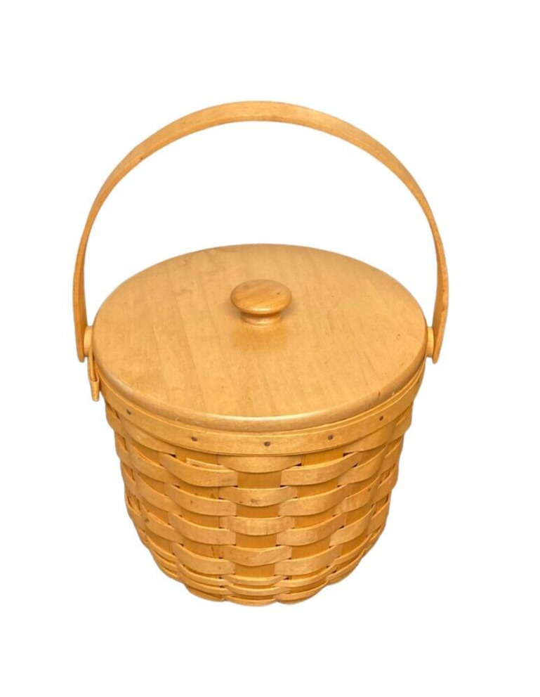 Longenberger Medium Round Vintage Basket With Liner, Lid and Handle 2000 Signed