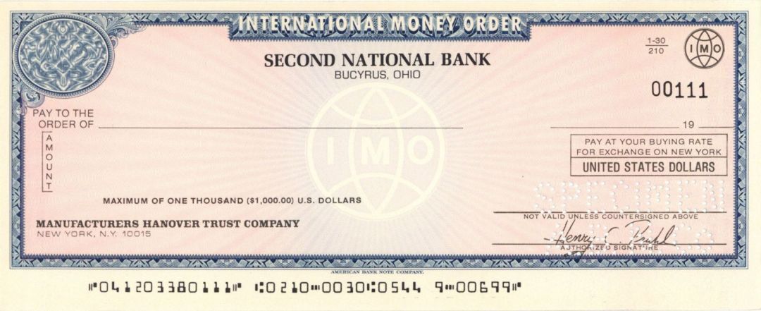 Second National Bank International Money Order - American Bank Note Company Spec