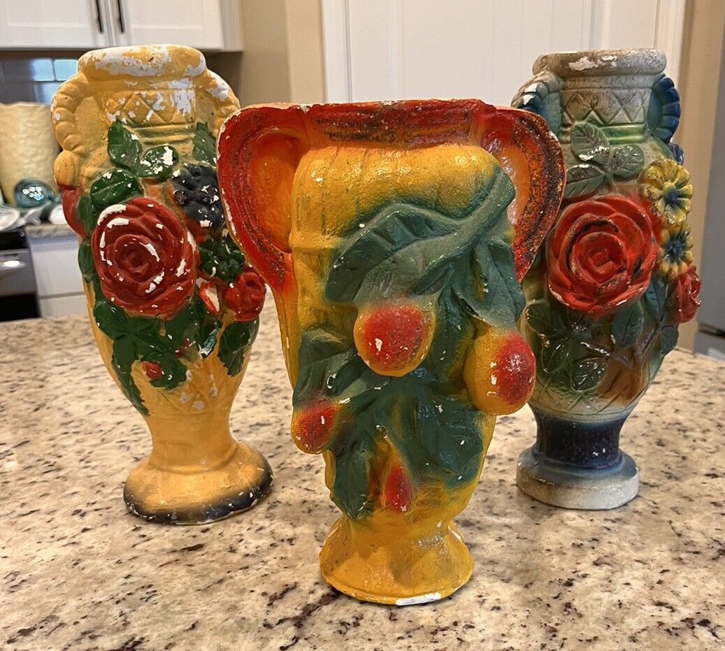 3 Vintage Chalkware Plaster Vases 12” H.  Carnival Circus, Fair Midway Prize