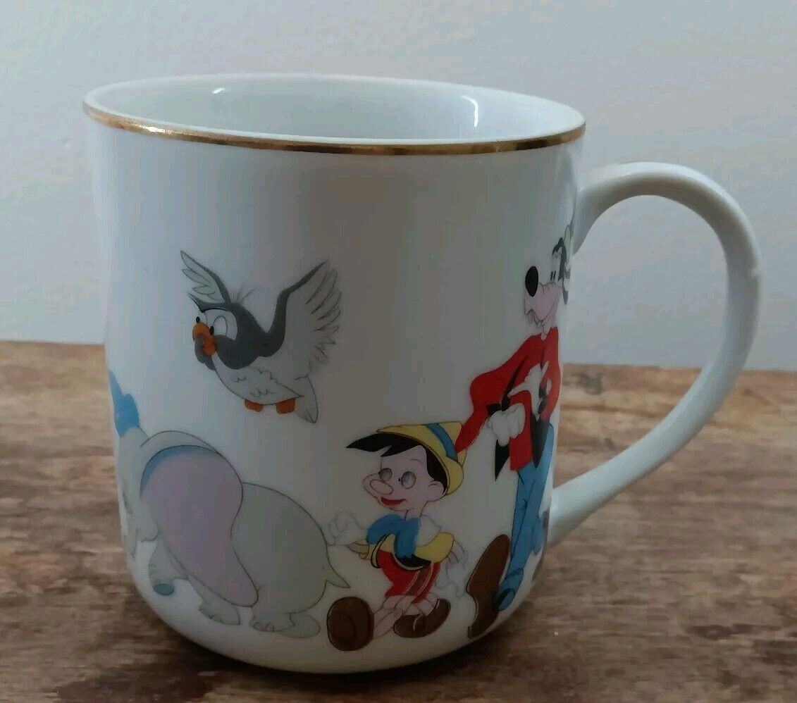 Vintage Walt Disney Productions Coffee Mug Cup Mickey Mouse Goofy • Gold Rim