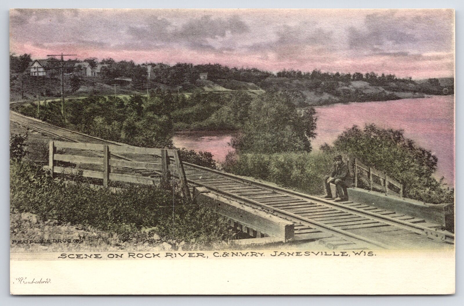 Janesville Wisconsin~Rock River Railroad Bridge~C&NW Railway~c1905 Hand-Colored