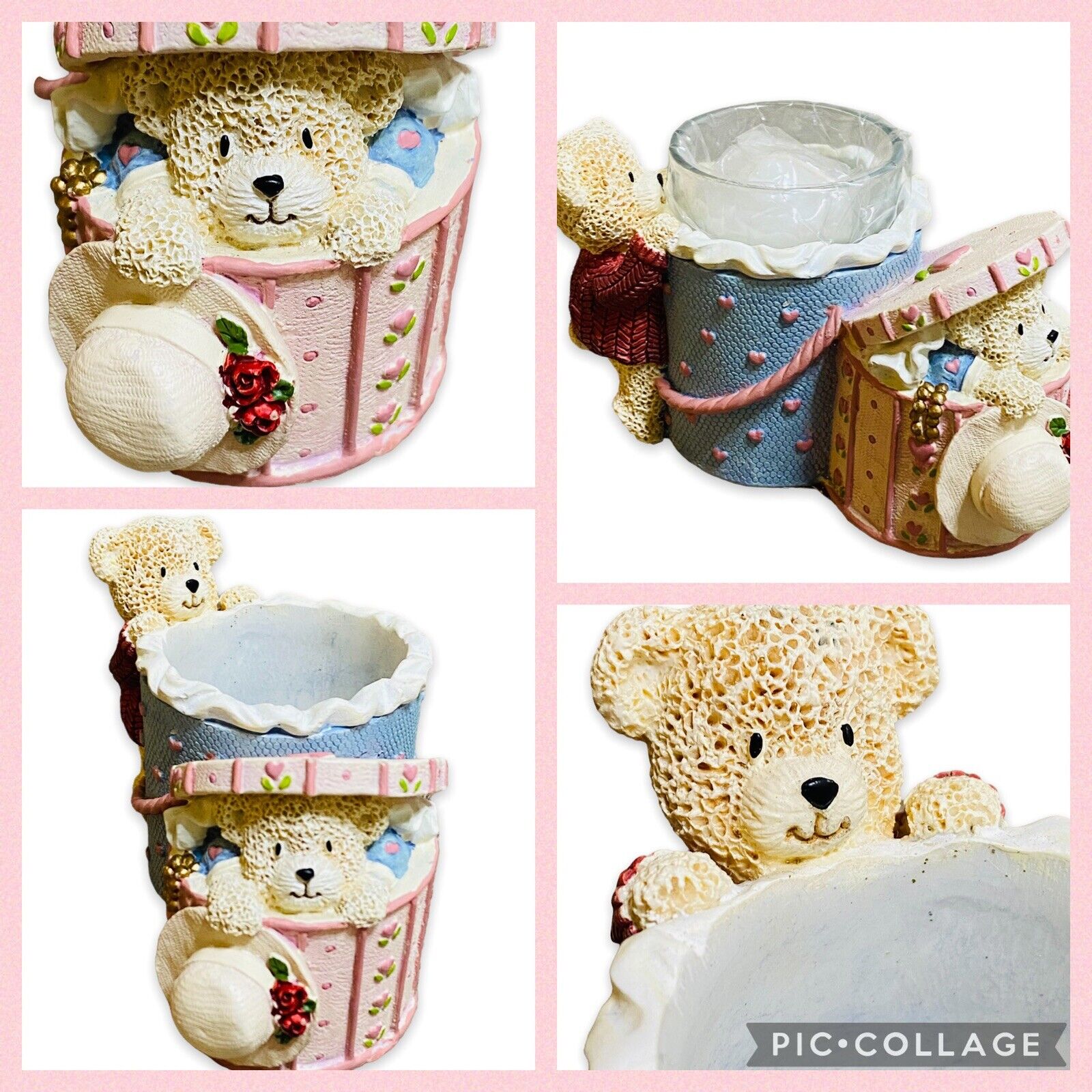 Figi Graphics Votive Candle Holder Hat Box Teddy Bears Hearts Vintage 1997