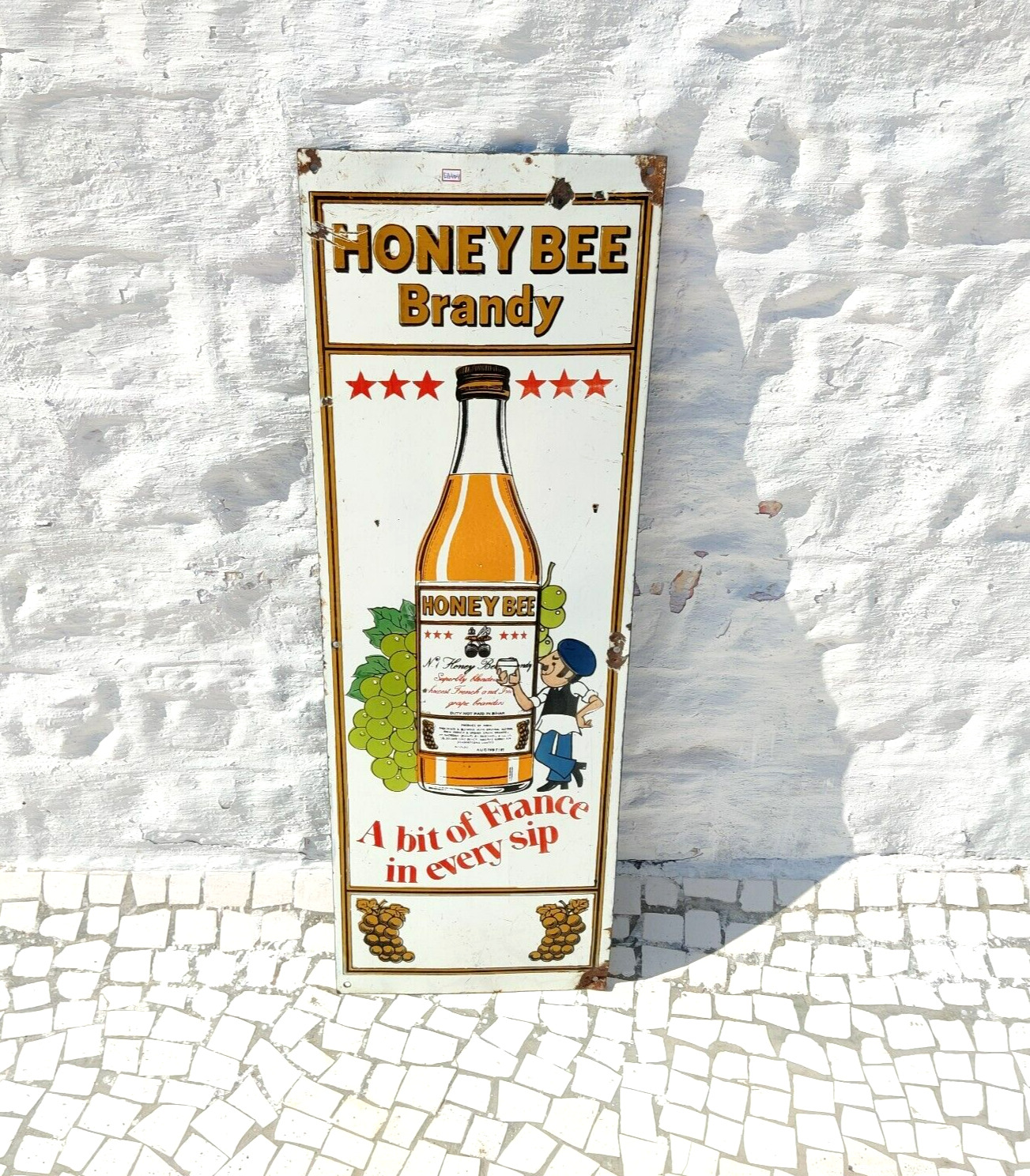 1940s Vintage Honey Bee Brandy Advertising Enamel Sign Board Rare France EB404