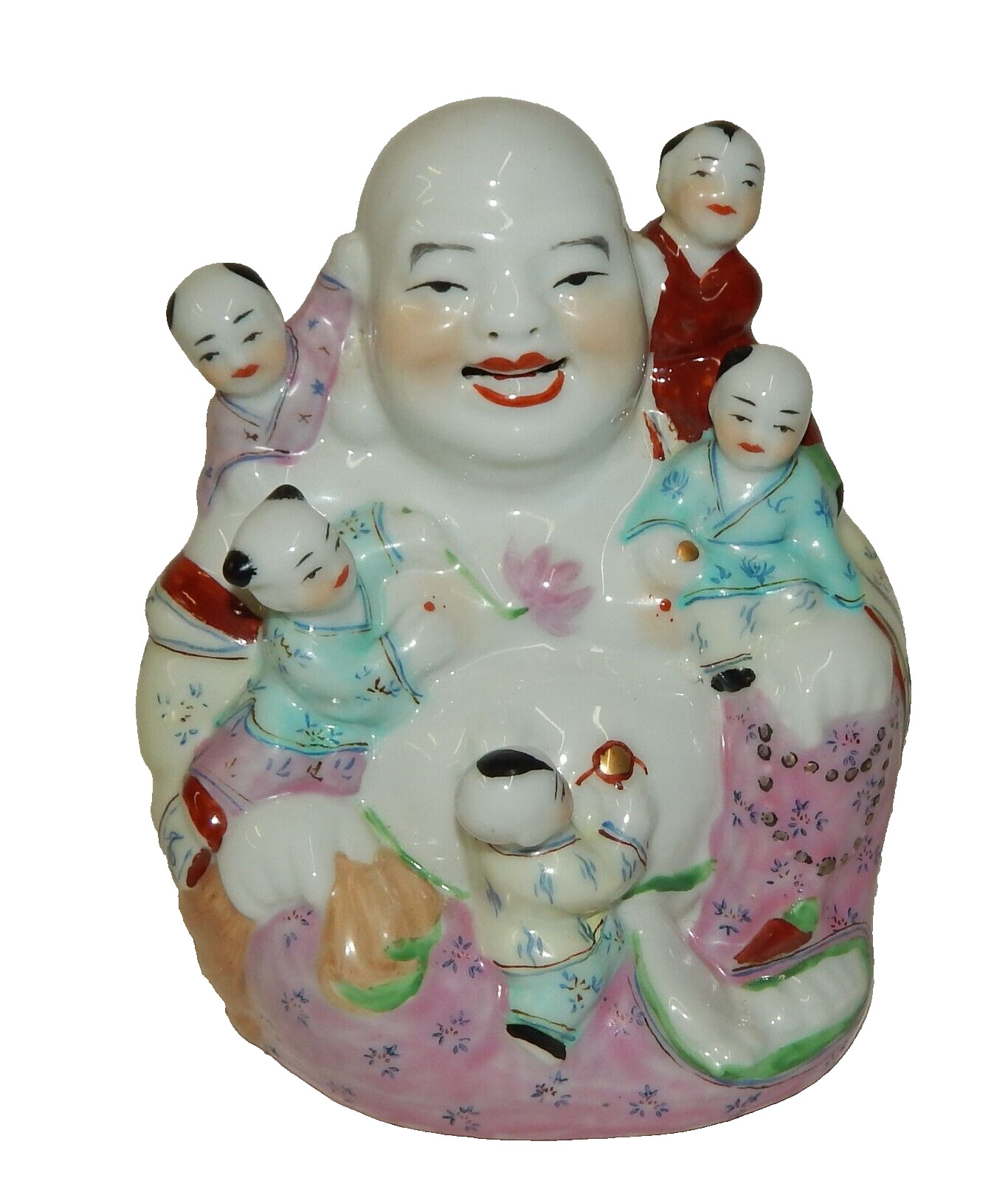 Vintage Chinese Happy Laughing Buddha with Five Children Figurine