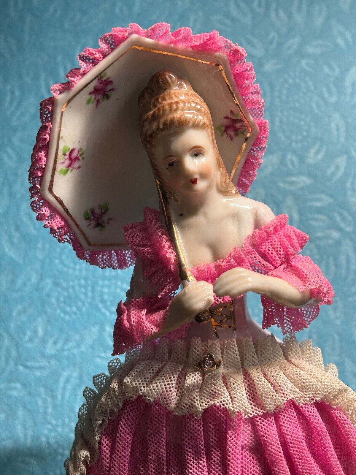 Vintage 9'' Dresden Style Japanese Pink Lady w Parasol Porcelain Figurine