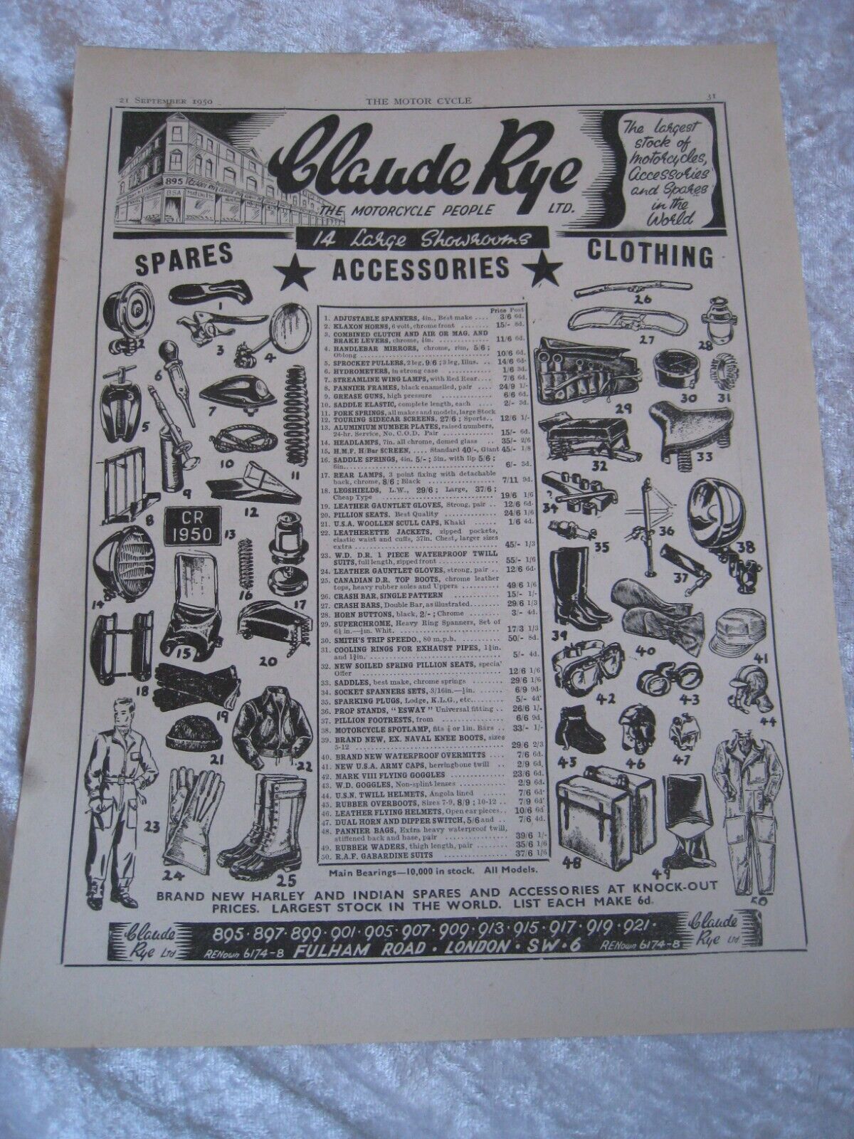 CLAUDE RYE THE MOTORCYCLE PEOPLE LTD ACCESSORIES 1950 POSTER ADVERT A4 FILE 30