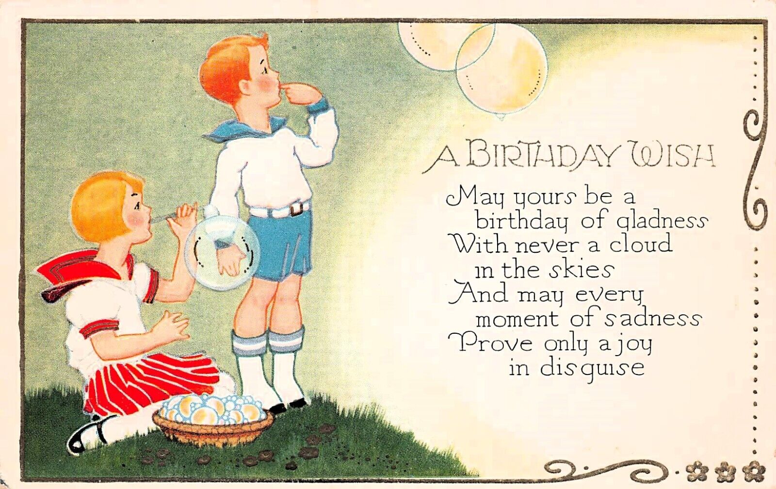 Antique Birthday Card Children Blowing Bubbles Sailor Dress Fantasy Postcard D25