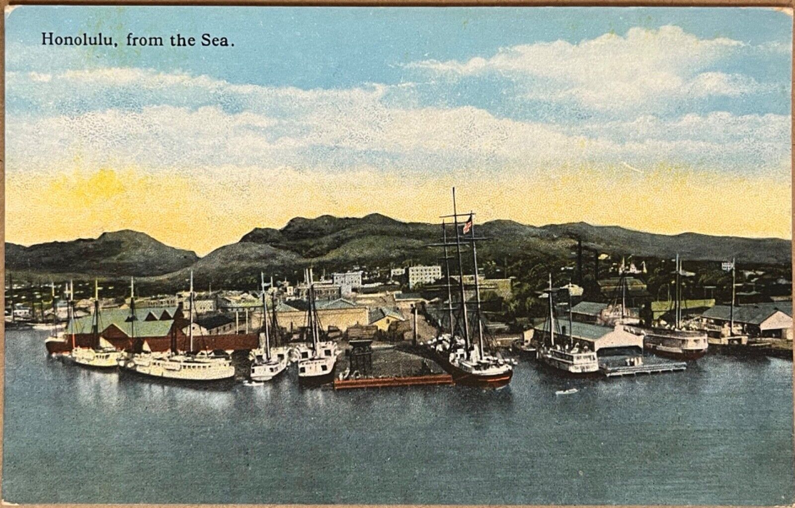 Honolulu Hawaii Docked Ships Ocean View Antique Postcard c1910