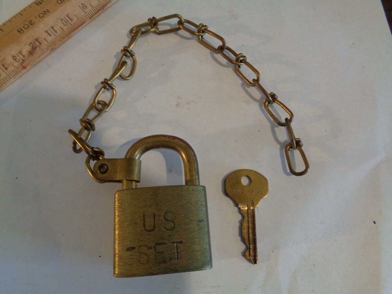 Vintage Antique US Brass Padlock With Key and Chain