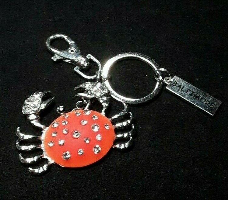 Pink Crab Silver Tone Crystal Accent Keychain Key Ring Purse Charm - Baltimore 