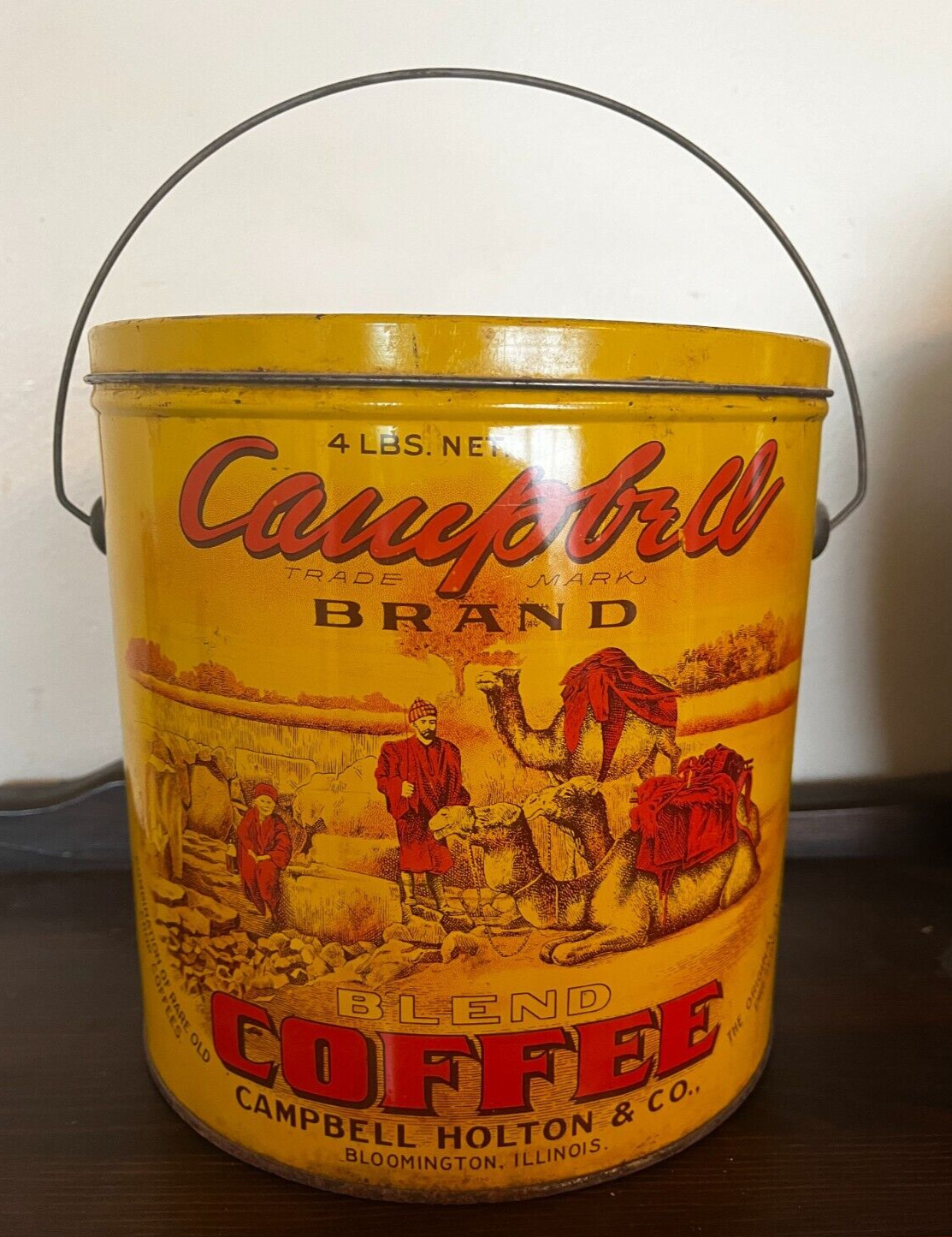 LARGE Antique Campbell CAMEL Steel Cut Coffee 4 lb Tin Can Lid Bloomington IL