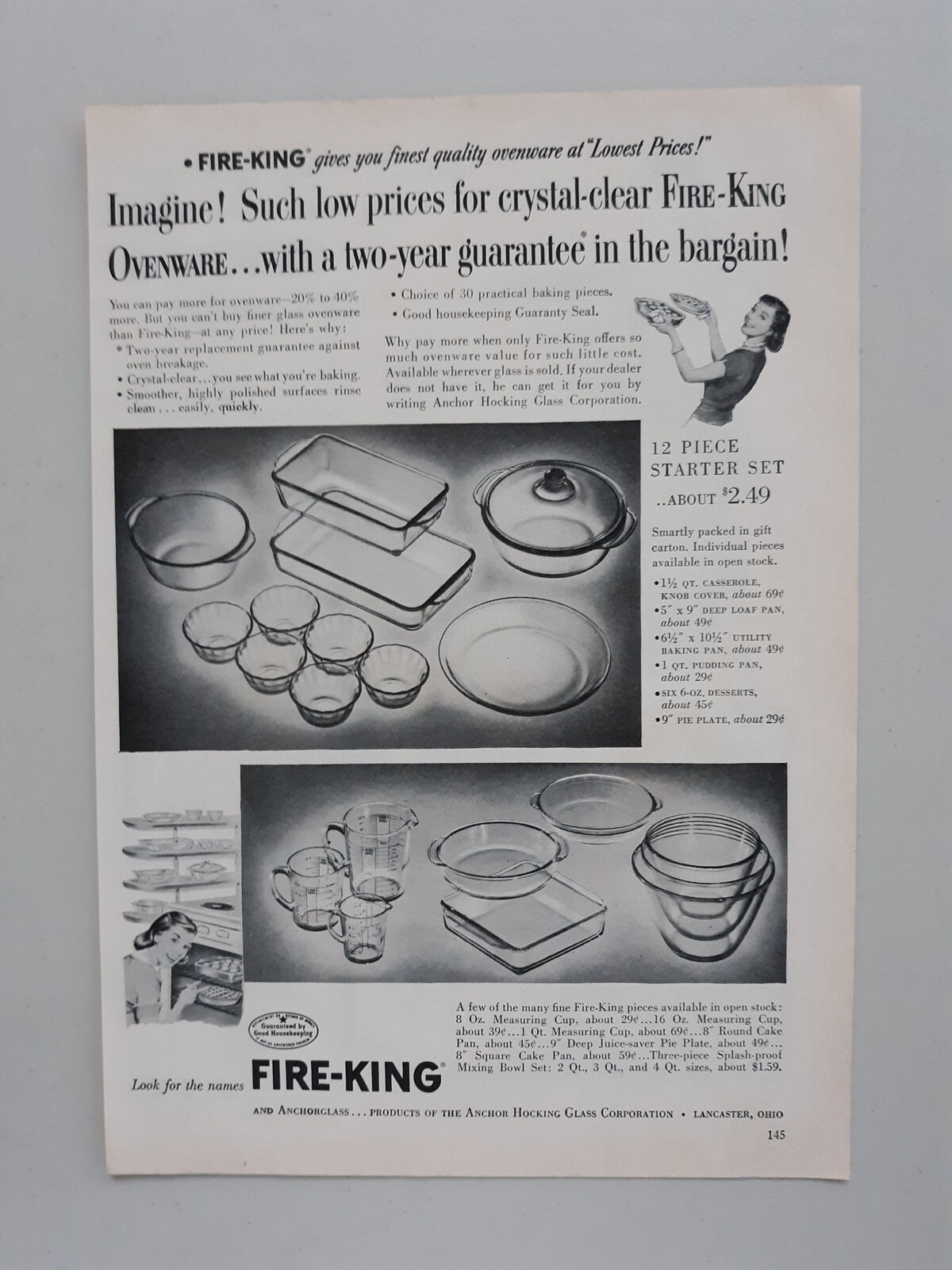 1954 Fire-King Crystal-Clear Ovenware Casserole Loaf Pan Vtg Magazine Print Ad