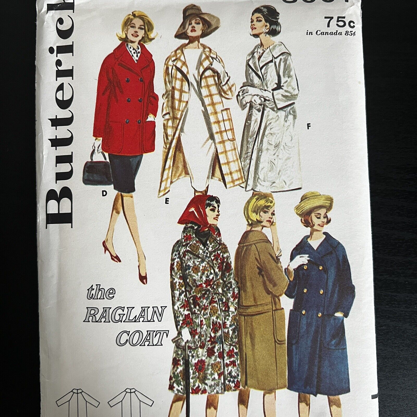 Vintage 1960s Butterick 3007 Double Breasted Raglan Coat Sewing Pattern 16 UNCUT