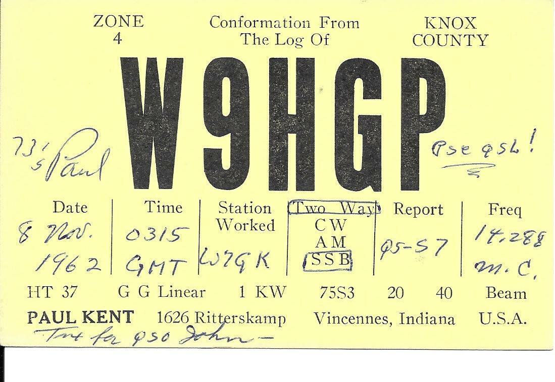 QSL 1962 Vincennes IN    radio card   
