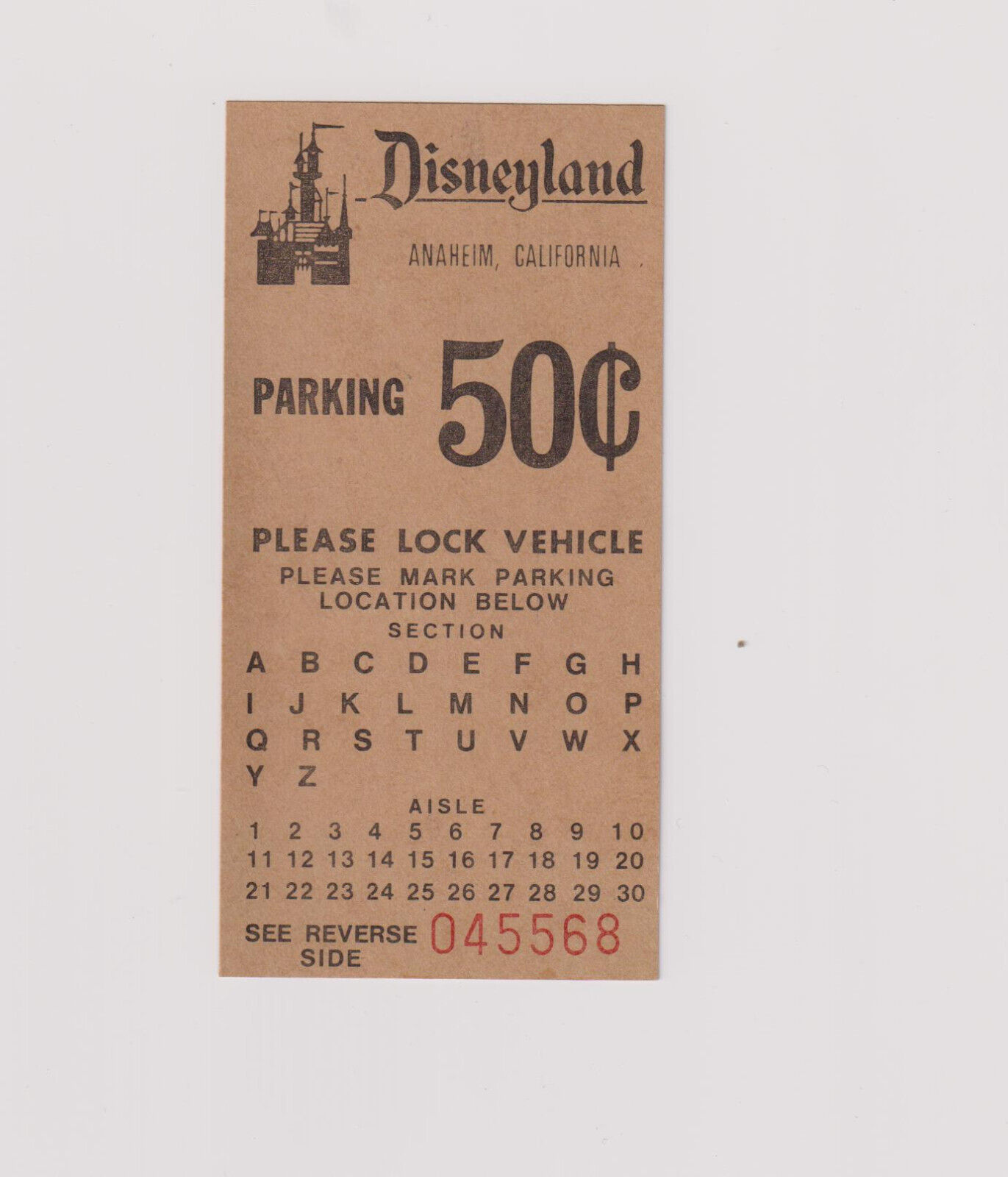Disneyland 1960s Vintage Parking Ticket 50 Cent Globe Ticket Company