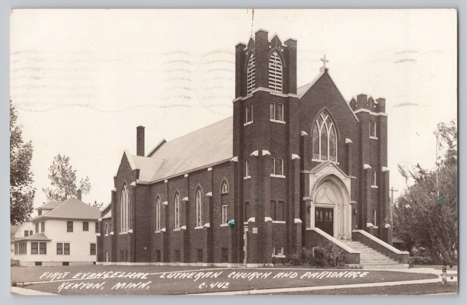 First Evangelical Lutheran Church and Parsonage Kenyon Minn RPPC Postcard 1943