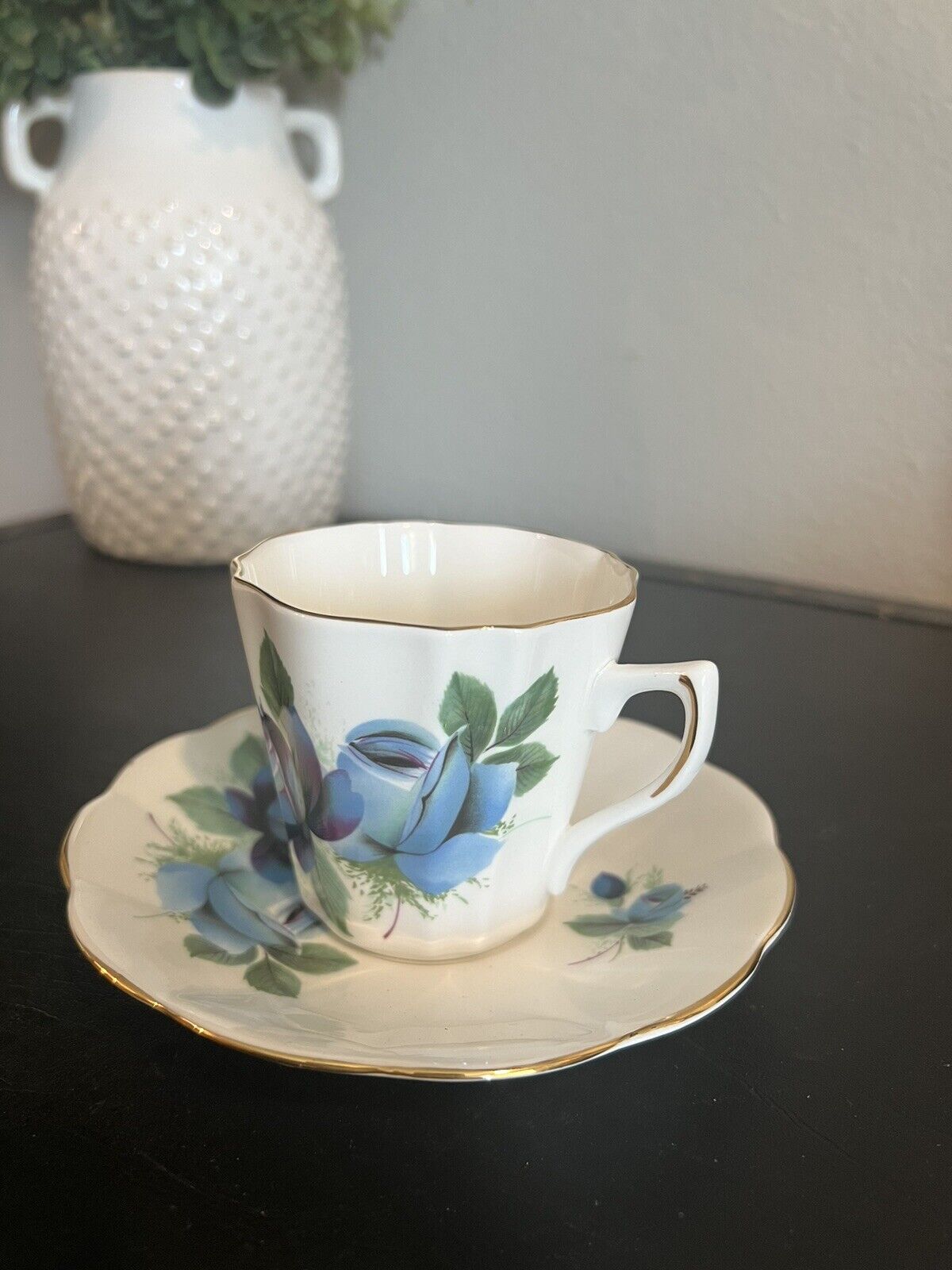 Royal Dover Tea Cup Saucer Floral Blue Flowers England Bone China Vintage