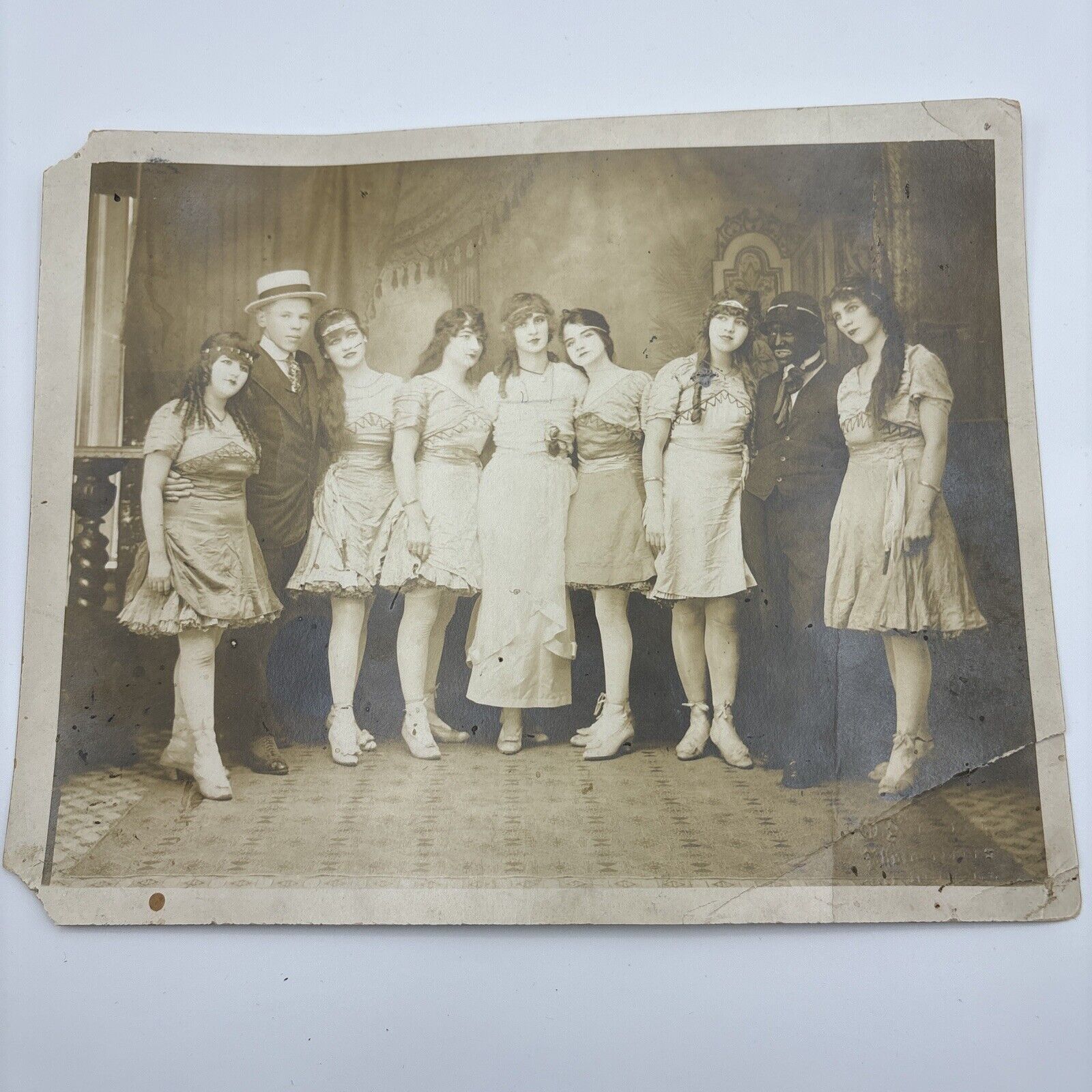 ANTIQUE PHOTO 1910s 20s FLAPPER GIRL GROUP 2 BOYS  8x10 7 Girls “fun In A Hotel”