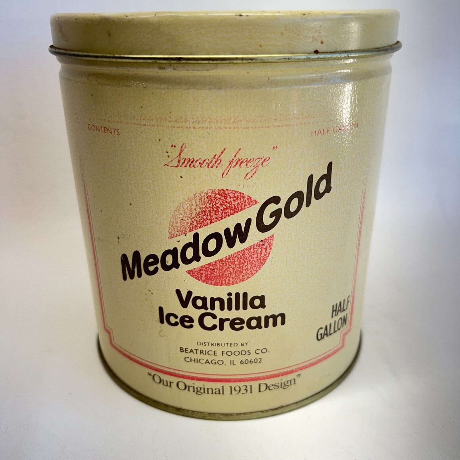 Vintage Meadow Gold Vanilla Ice Cream Advertising Tin Half Gallon Collectible