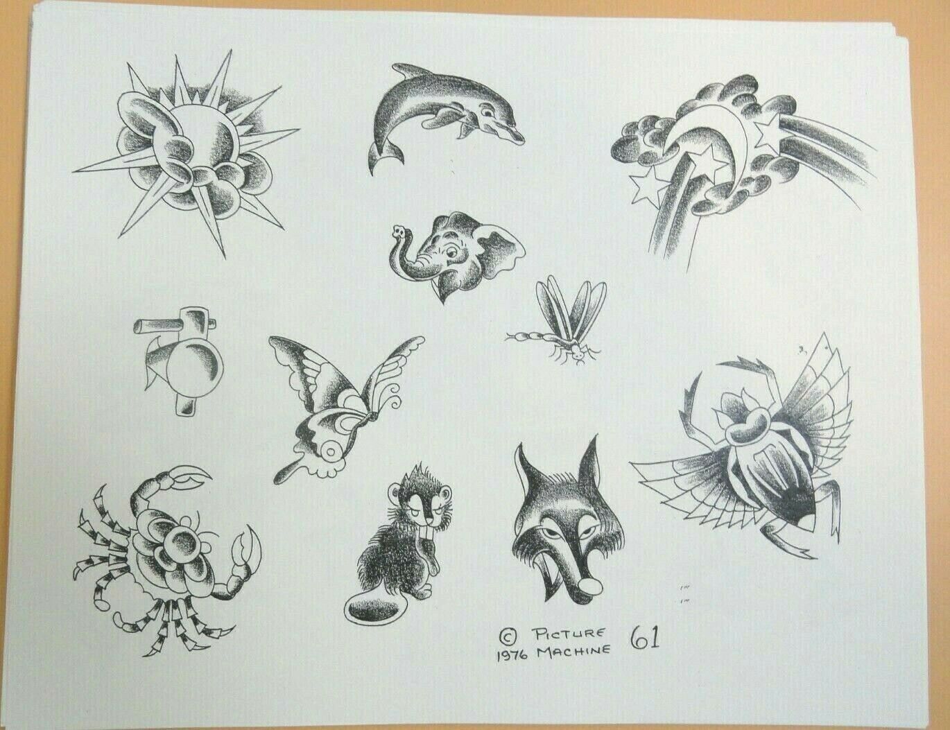 Vintage 1976 Picture Machine Spaulding Rogers Tattoo Flash Sheet 61 Dolphin Fox