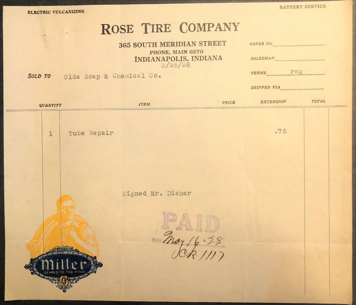 Rose Tire Company 1928 Invoice 365 S. Meridian Indianapolis, Indiana Miller Tire