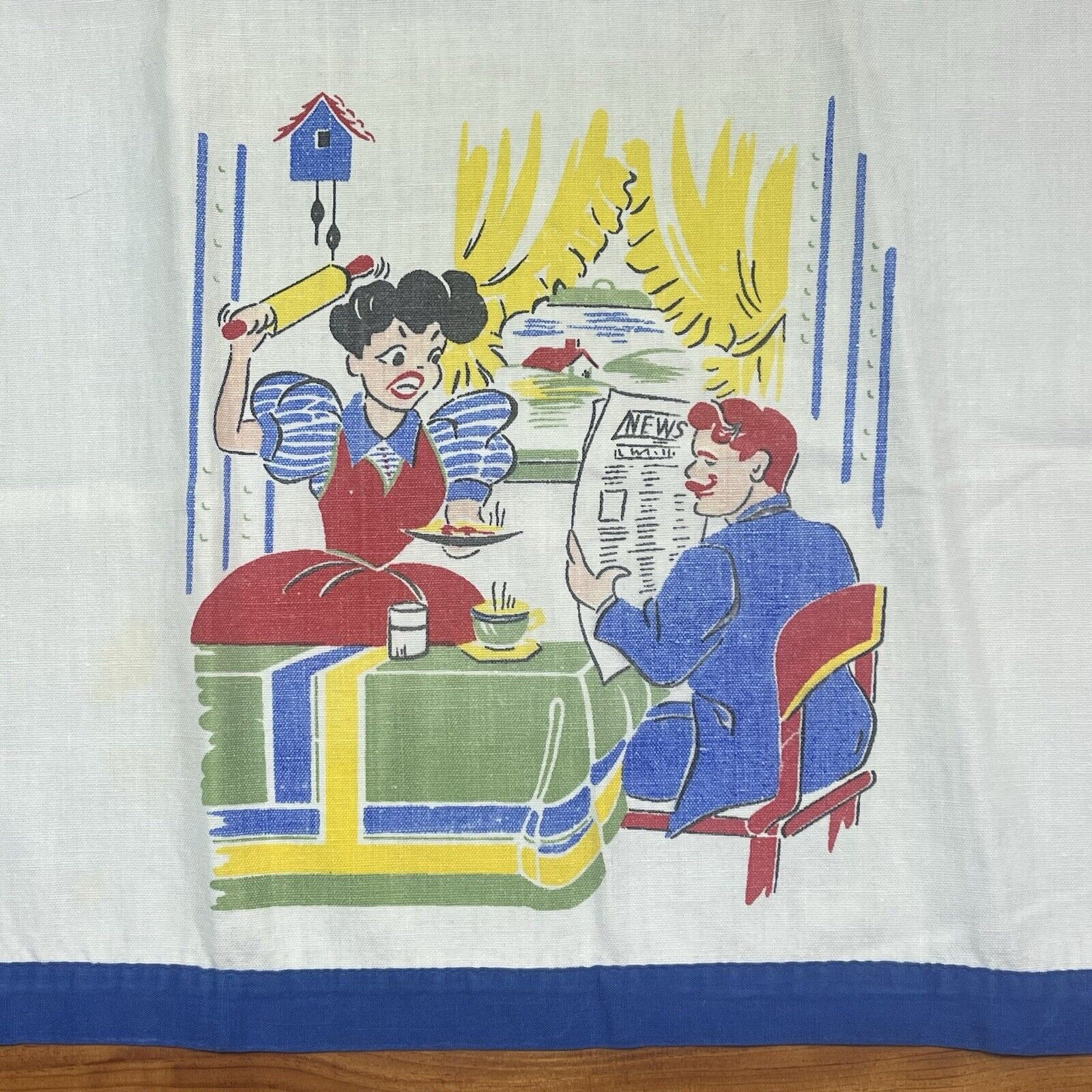 Vintage Tea Towel Husband Wife Rolling Pin Funny MCM Cotton Kitchen Linen