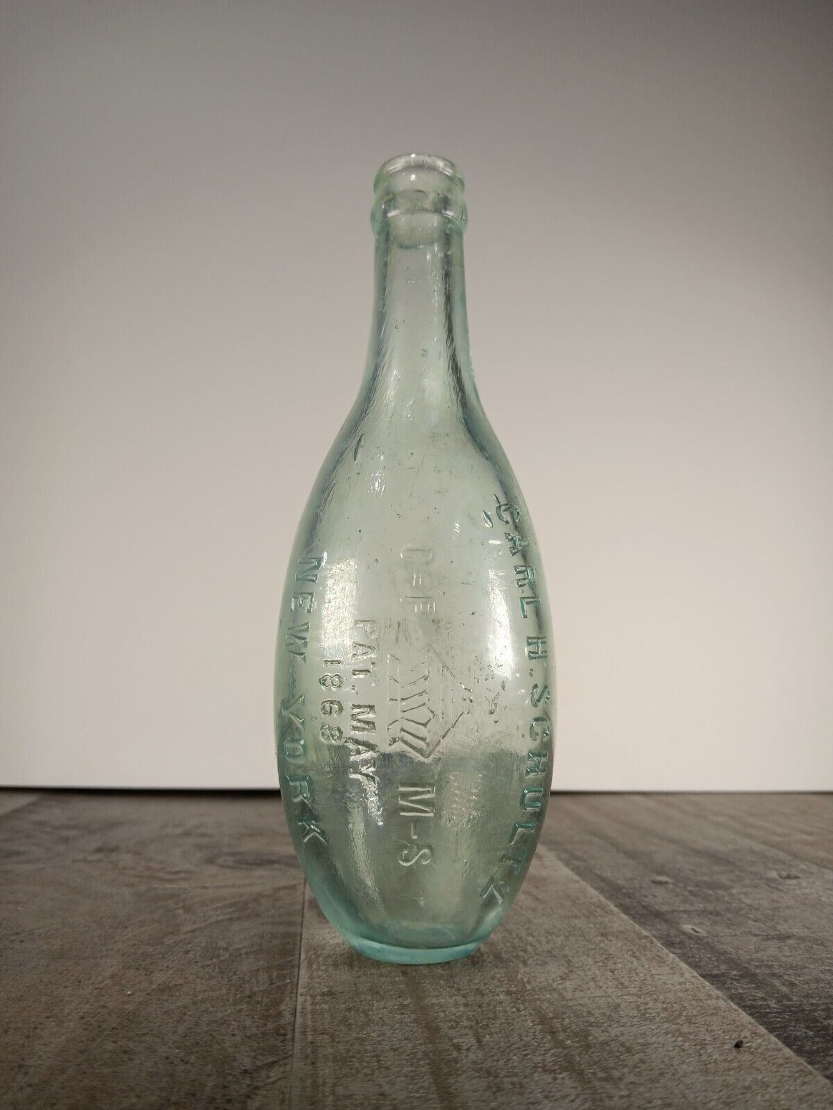 Carl H. Schultz New York Pat. May 1868 Glass Bottle Aqua Embossed 