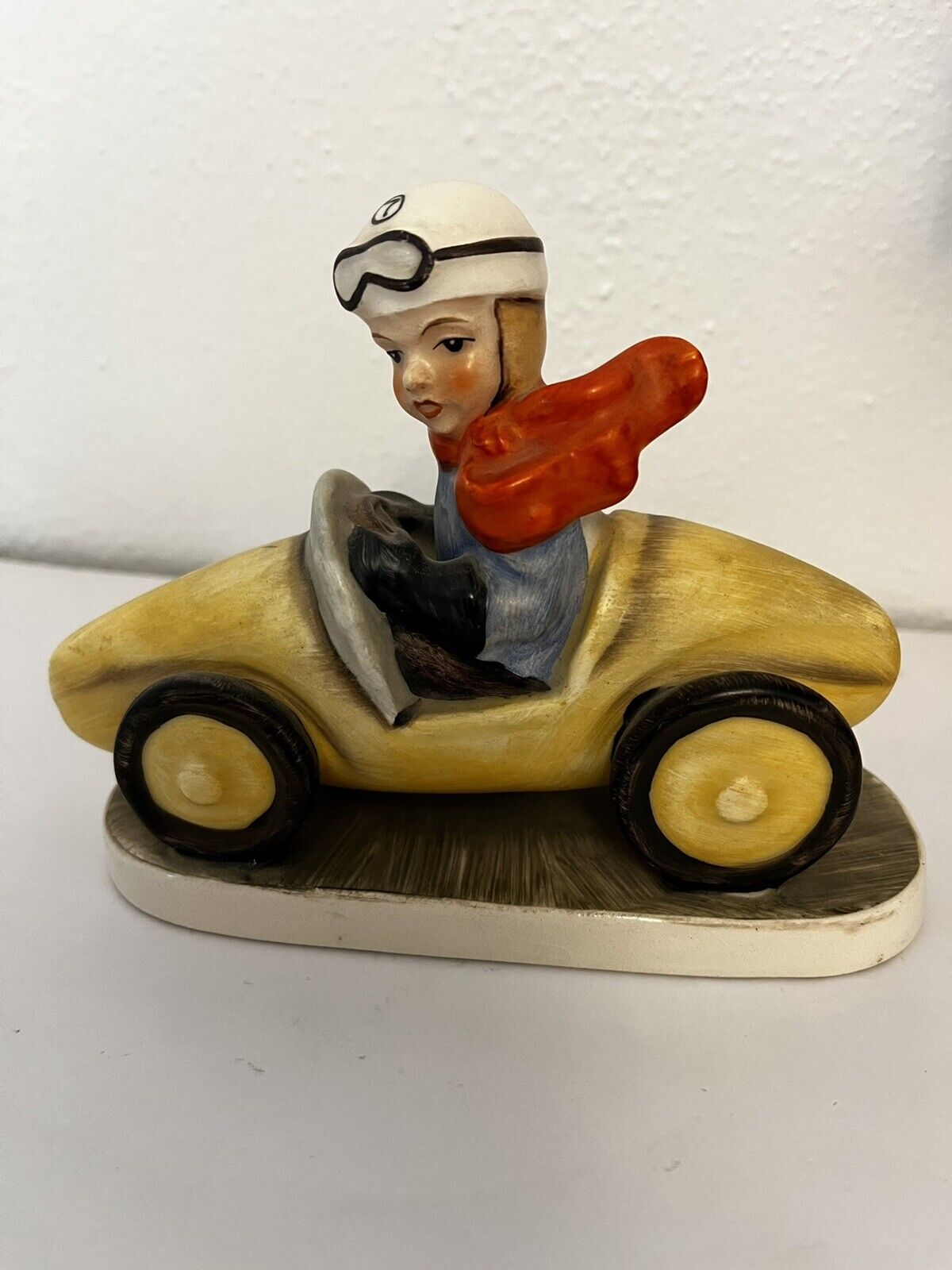 Charming 1920’s Freidel German Figurine. Boy In Race Car. EUC 4.5” X 6”