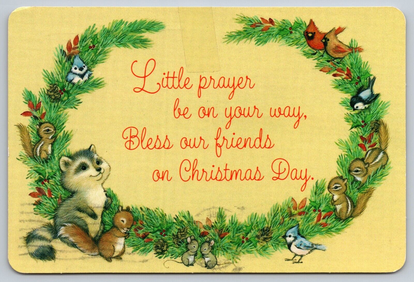 Postcard Art Christmas blessings Little animals wreath Iowa c1986 2U