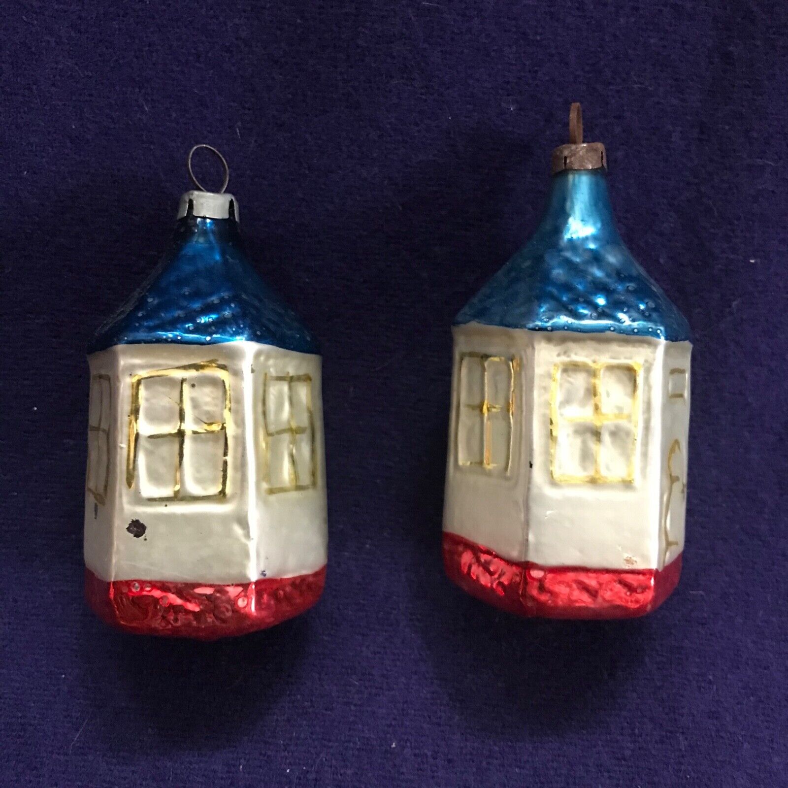 2 Vintage Czech mercury glass hexagon house Christmas ornament  red white blue