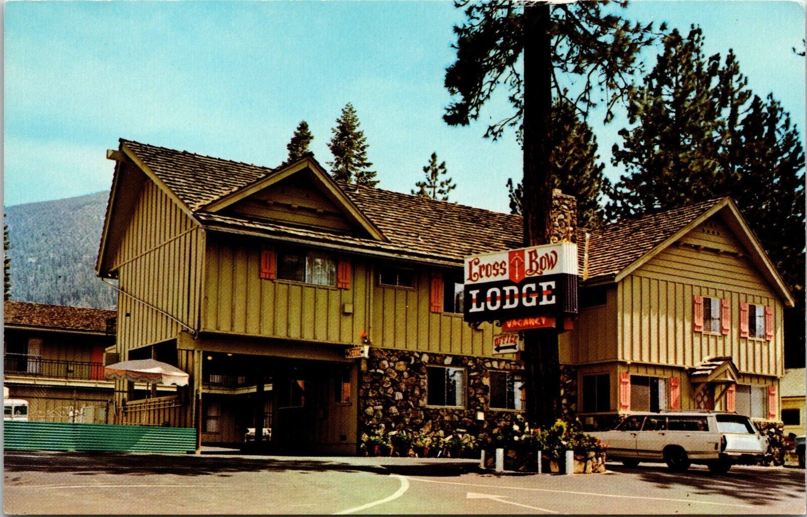 South Lake Tahoe CA Cross Bow Lodge Postcard Old Car California