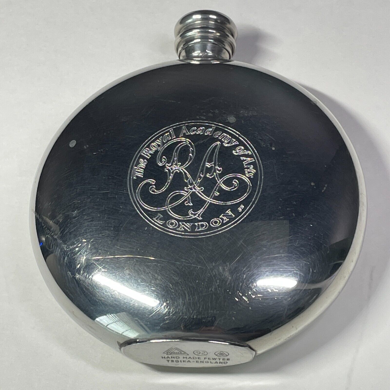 Vintage (early 90\'s) Royal Academy of Arts Pewter Flask - Troika London England