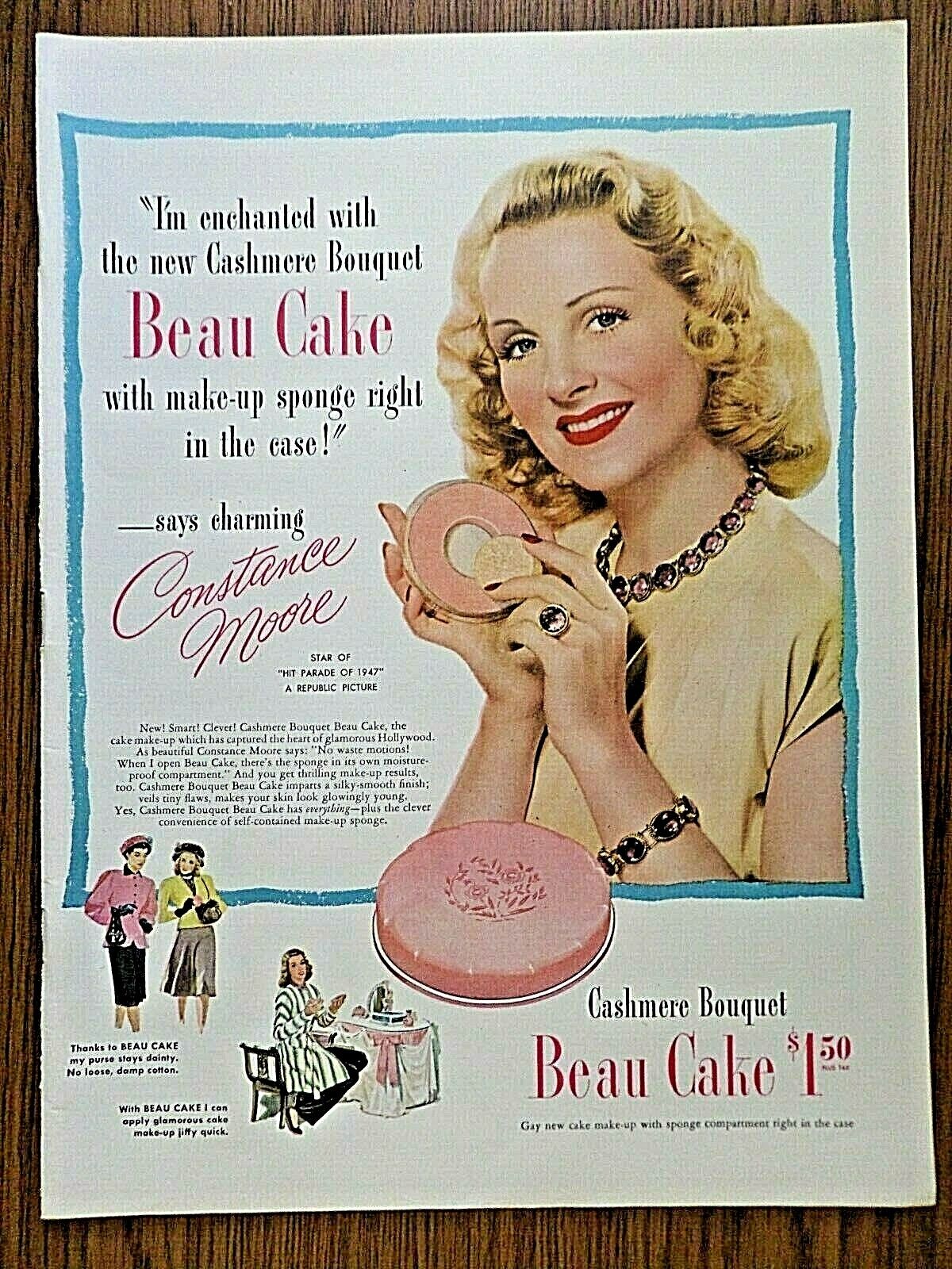 1947 Beau Cake Cashmere Bouquet Ad  Hollywood Movie Star Constance Moore