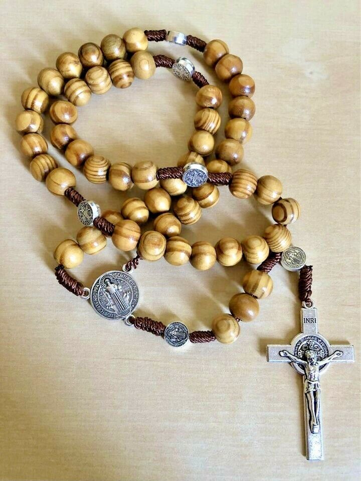 Blessed Rosary Necklace Wood Beads Jerusalem Crucifix Holy Land