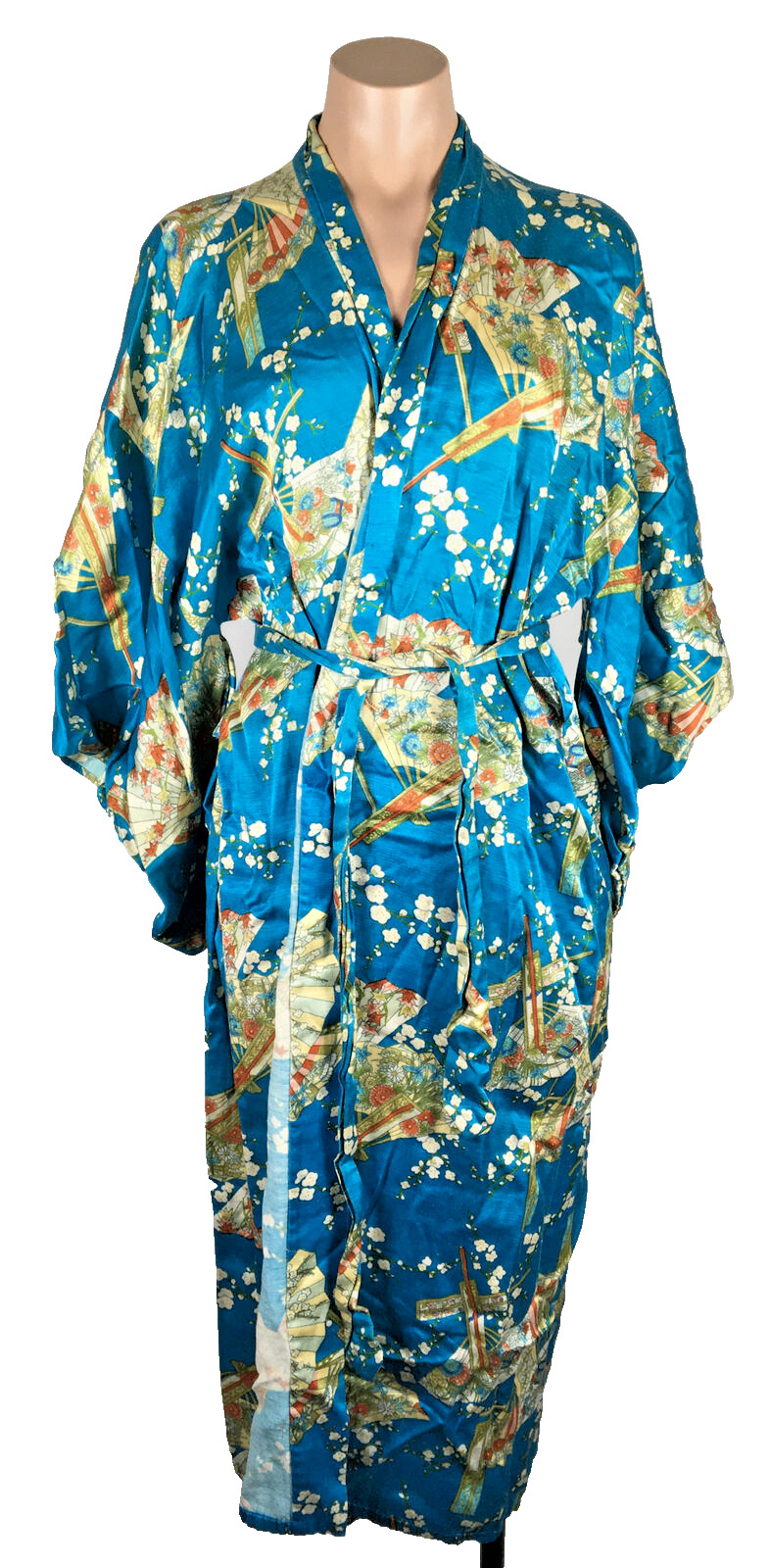 Vintage Long Blue ALL Cotton Longevity Japanese Kimono Robe Cover Up Fans
