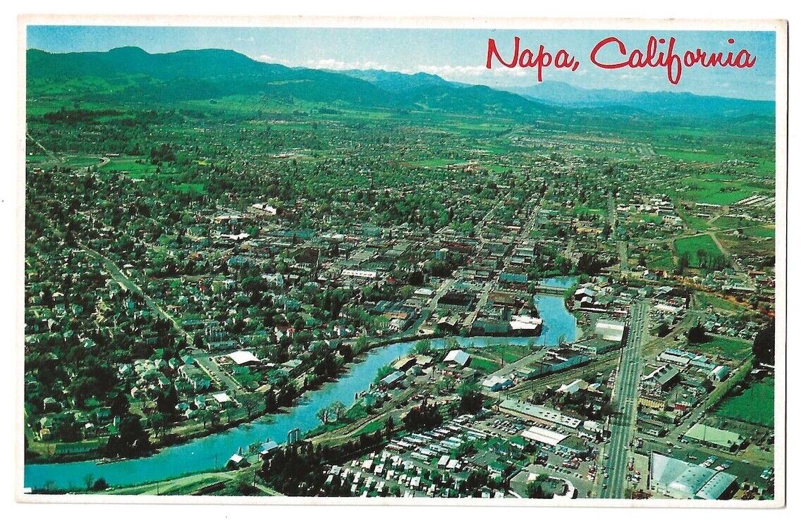 Napa California c1960\'s aerial city view, residences, business district, river