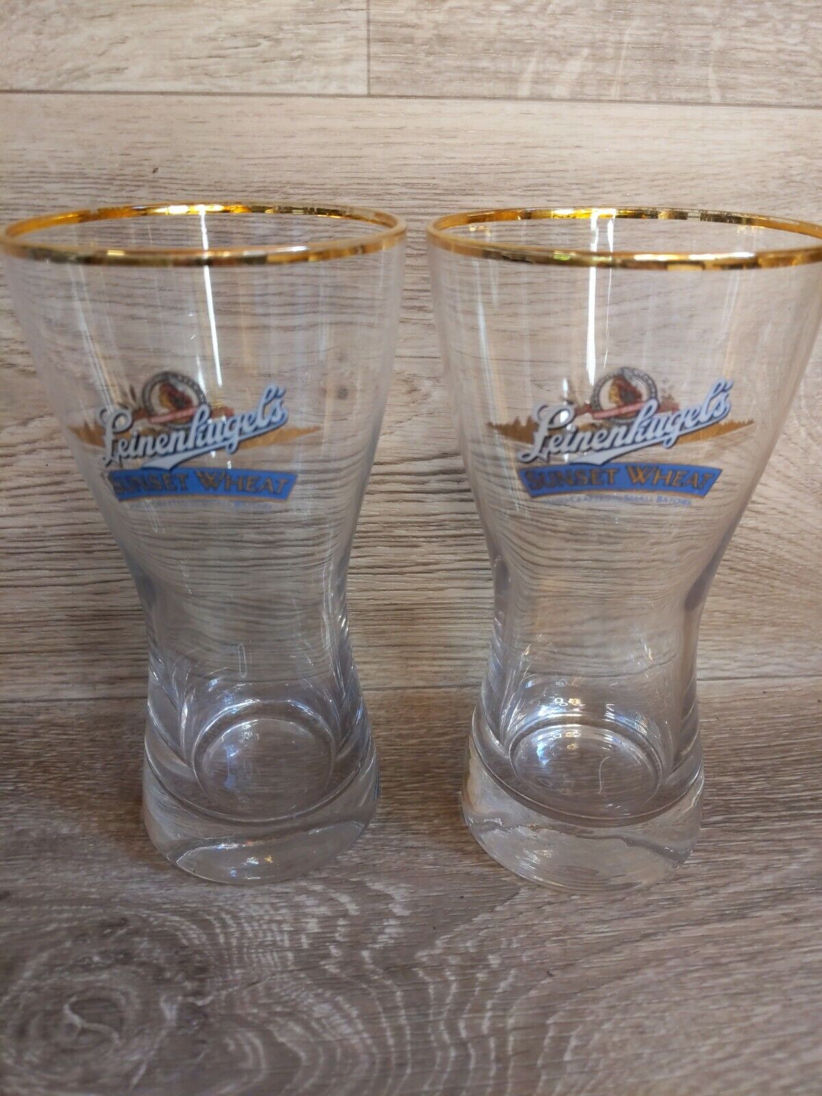 2 Vintage Leinenkugel's Sunset Wheat Beer Gold Rim Pilsner Hourglass Pint Glass