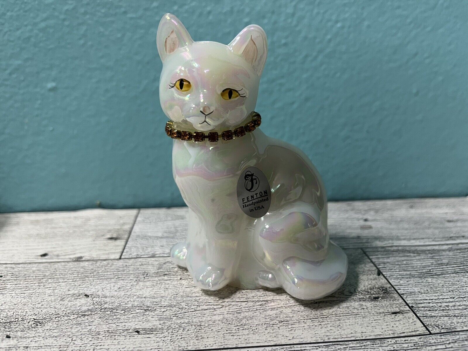 Vintage Fenton American Art Glass Opalescent Cat Figurine Signed