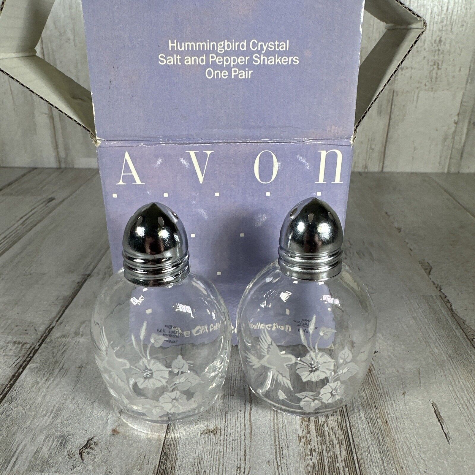 Vintage Avon Hummingbird Floral Frosted 24% Lead Crystal Salt & Pepper Shakers